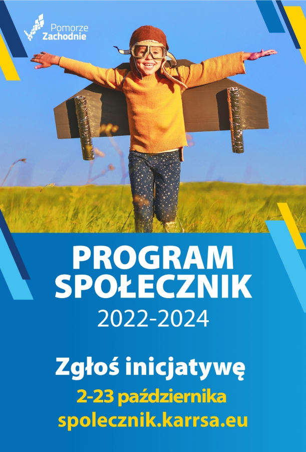 plakat promujący Program Społecznik z adresem https://spolecznik.karrsa.eu/ oraz datą naborów, w górnej części mały chłopiec udający lotnika