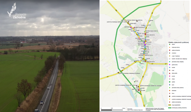 Kolaż dwóch zdjęć - po lewej stronie zdjęcie drogi z lotu ptaka, po prawej - mapa z planowanym przebiegiem obwodnicy Pyrzyc.